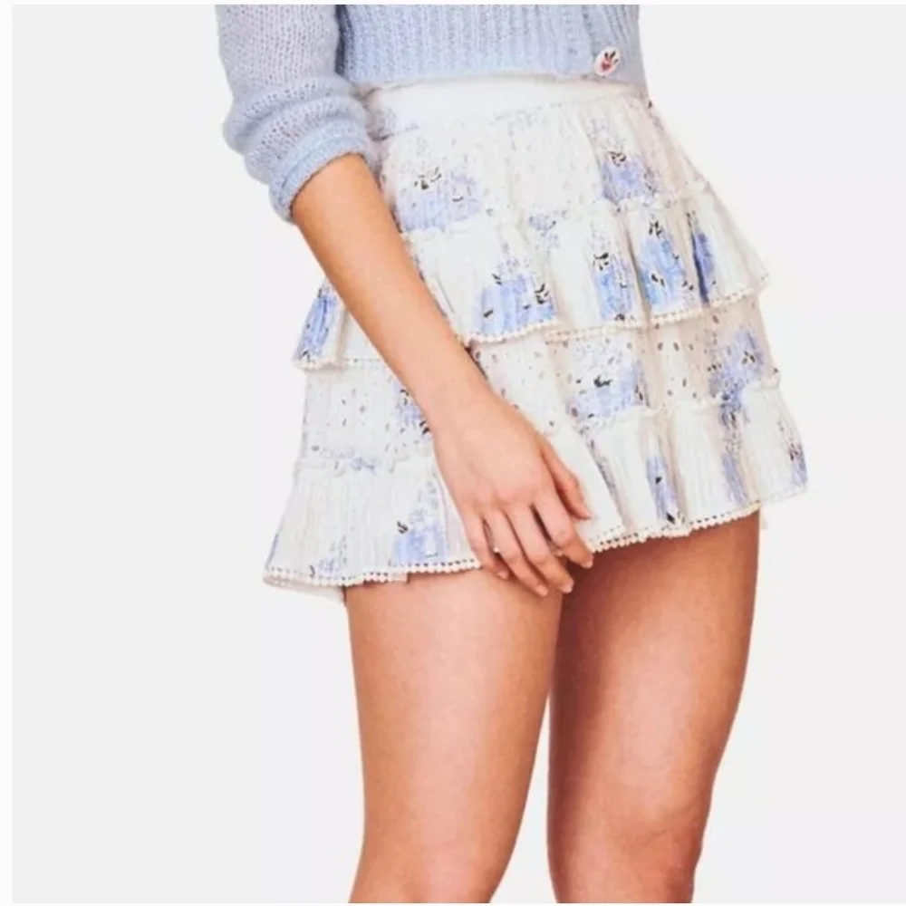 LoveShackFancy Floral White Blue Tiered Mini Bliss Skirt Eyelet Ruffle S Flawed - Picture 2 of 8